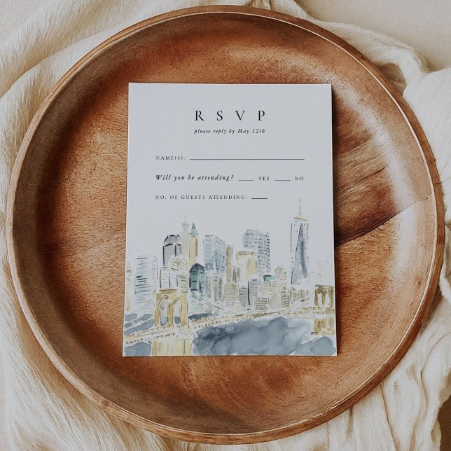Placa RSVP de Casamento de Cores d'Água do Skyline (New York City Skyline Watercolor Wedding RSVP Cards)