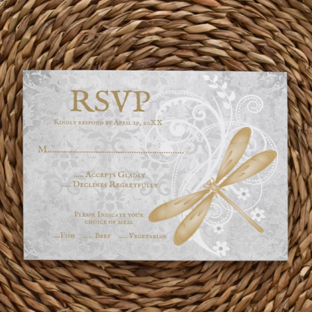 Placa RSVP de Casamento de Dragonfly Dourada (Gold Dragonfly Wedding RSVP Card)
