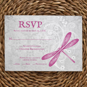 Placa RSVP de Casamento de Dragonfly Magenta