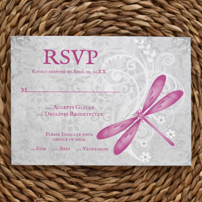 Placa RSVP de Casamento de Dragonfly Magenta (Magenta Dragonfly Wedding RSVP Card)