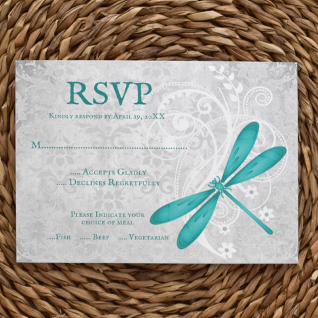 Placa RSVP de Casamento de Dragonfly Teal (Teal Dragonfly Wedding RSVP Card)