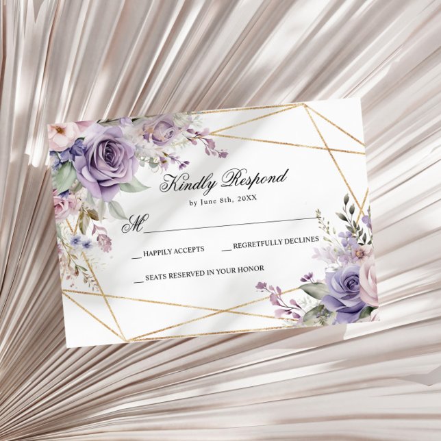 Placa RSVP de Casamento de Flores de Rosa de Púrpu (Criador carregado)