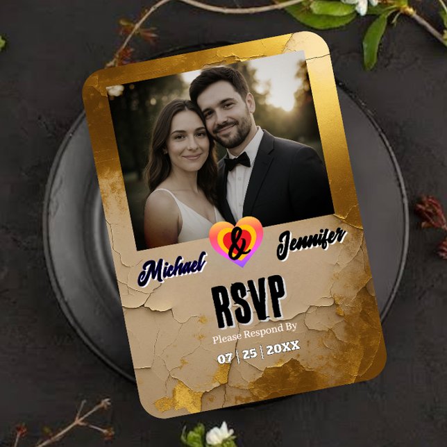 Placa RSVP de Casamento de Fotografias Dourada Mod (Criador carregado)