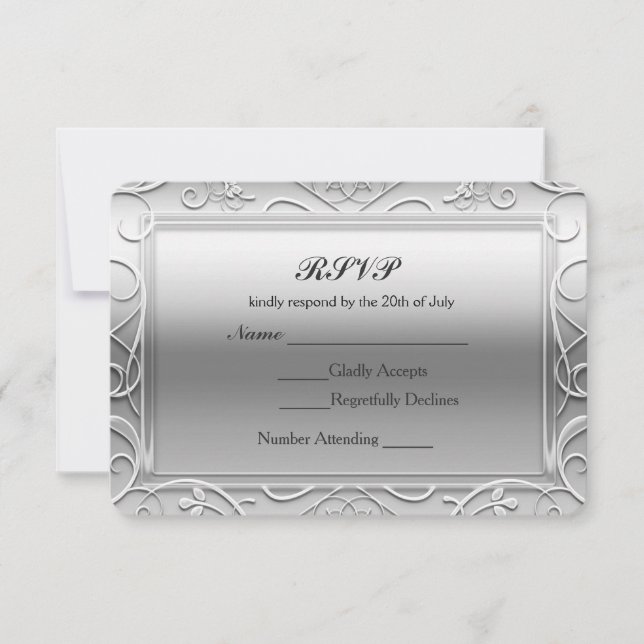 Placa RSVP de Casamento de Glamor Silver Shiny Ele (Frente)