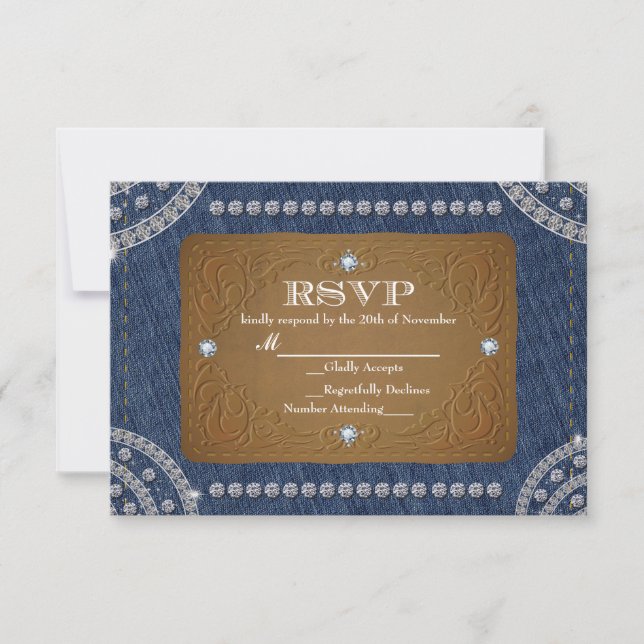 Placa RSVP de Casamento de Jeans Denim & Diamantes (Frente)