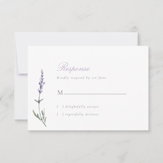 Placa RSVP de Casamento de Lavanda de Script Elega (Frente)