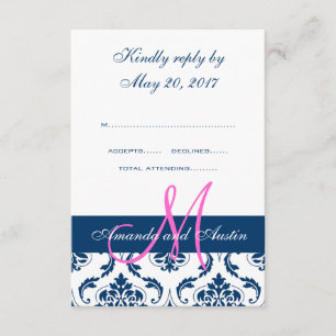 Placa RSVP de Casamento de Monograma do Damask mar