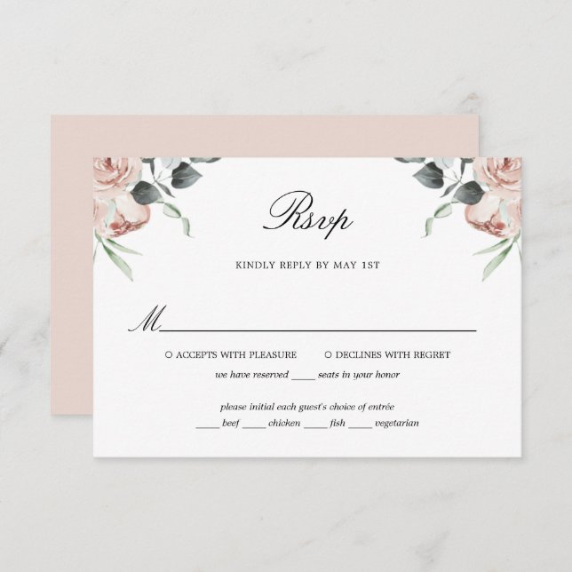 Placa RSVP de Casamento de Rosas Florais Rosa Dust (Frente/Verso)