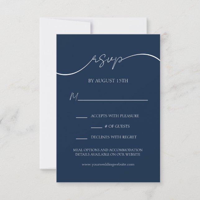 Placa RSVP de Casamento de Script Azul de Marinho  (Frente)
