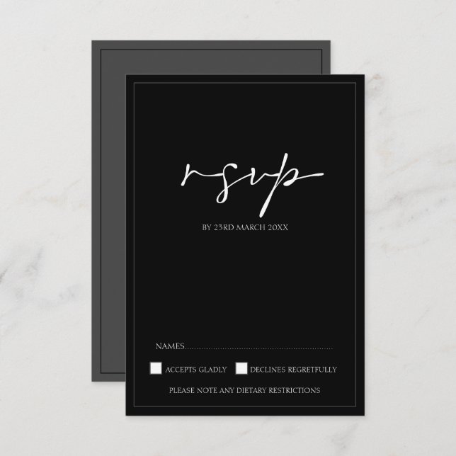Placa RSVP de Casamento de Script Branco e Preto M (Frente/Verso)