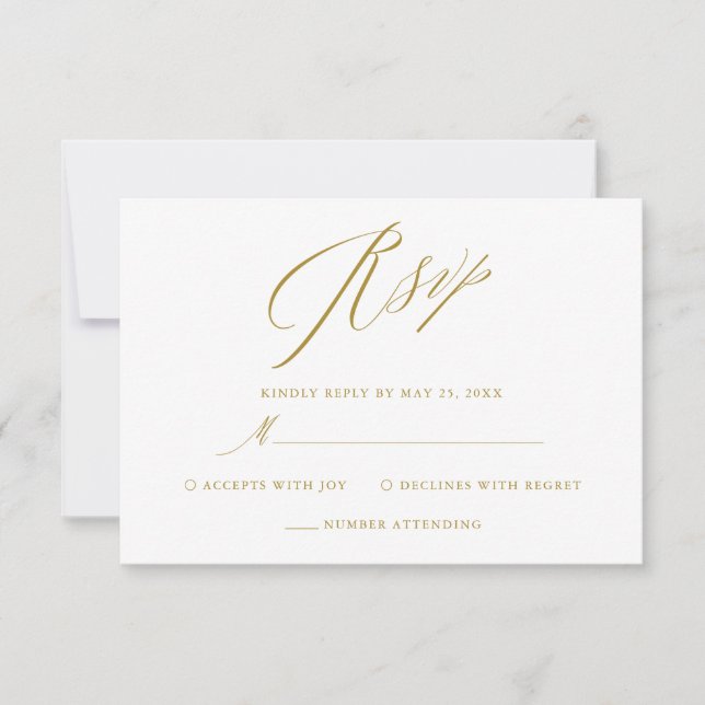 Placa RSVP de Casamento de Script Elegante Dourado (Frente)