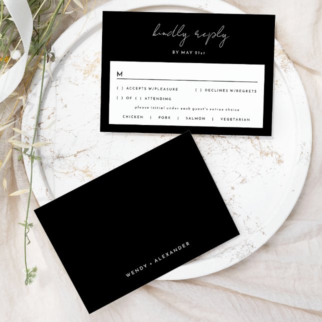 Placa RSVP de Casamento de Script Simples Preto (Criador carregado)