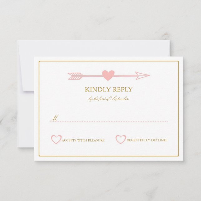 Placa RSVP de Casamento de Setas/Blush e Dourado (Frente)