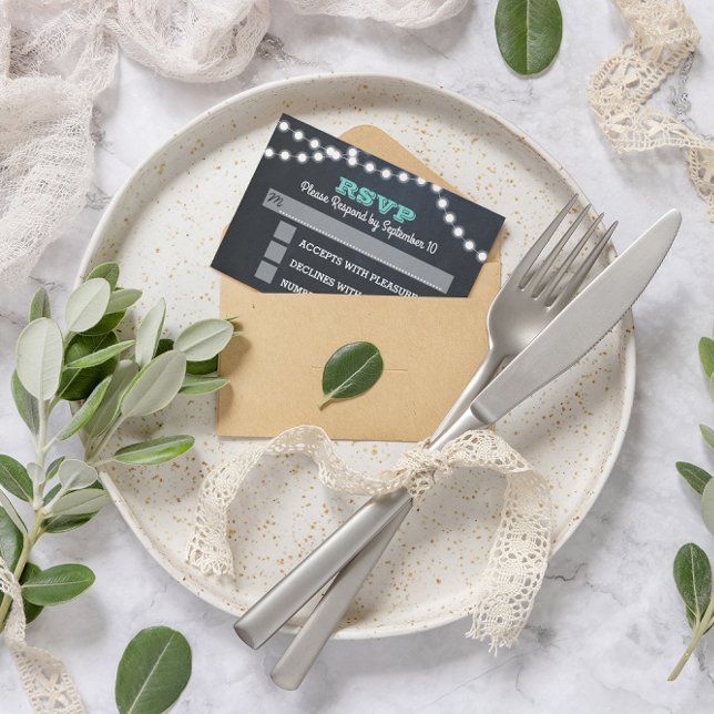 Placa RSVP de Casamento de Teal Lights (Criador carregado)