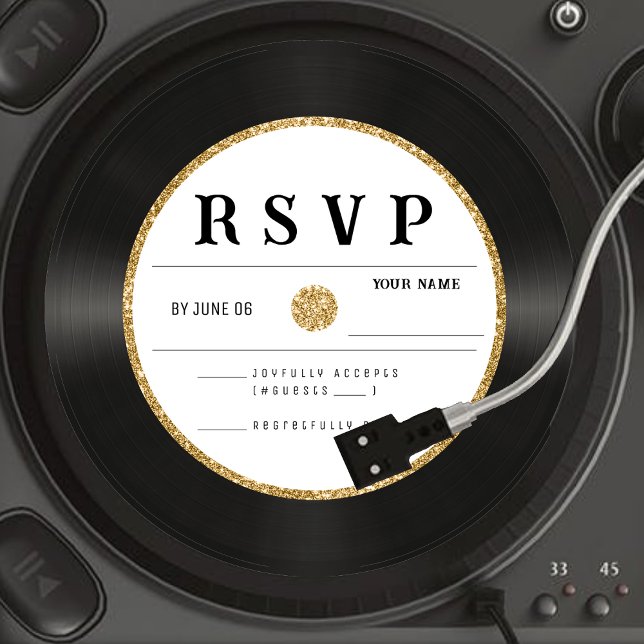 Placa RSVP de Casamento de Vinil de Registro Glitt (Retro Gold Glitter Vinyl Record Wedding RSVP Card
)
