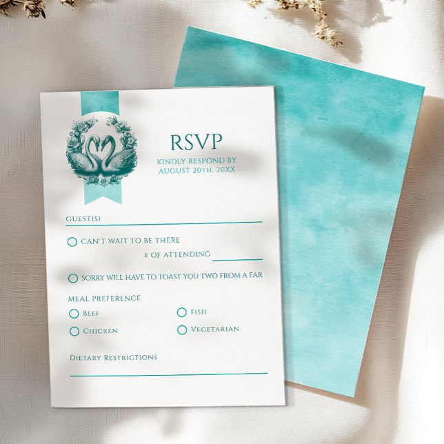 Placa RSVP de Casamento do Lago Swan | Teal Love B (Teal RSVP)