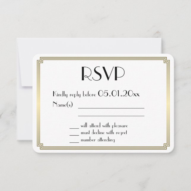 Placa RSVP de Casamento Dourado de Arte Deco do Ex (Frente)