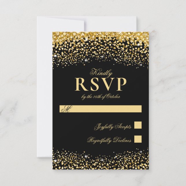 Placa RSVP de Casamento Dourado de Lixo Preto de L (Frente)
