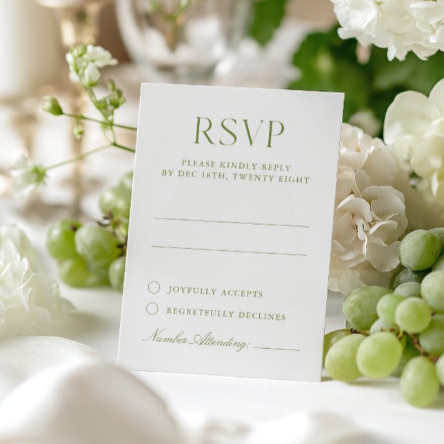 Placa RSVP de Casamento Elegante Verde de White &  (White & Sage Green Elegant Wedding RSVP Card)