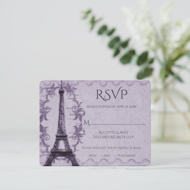 Placa RSVP de Casamento em Torre Eiffel Roxo (Em pé/Frente)