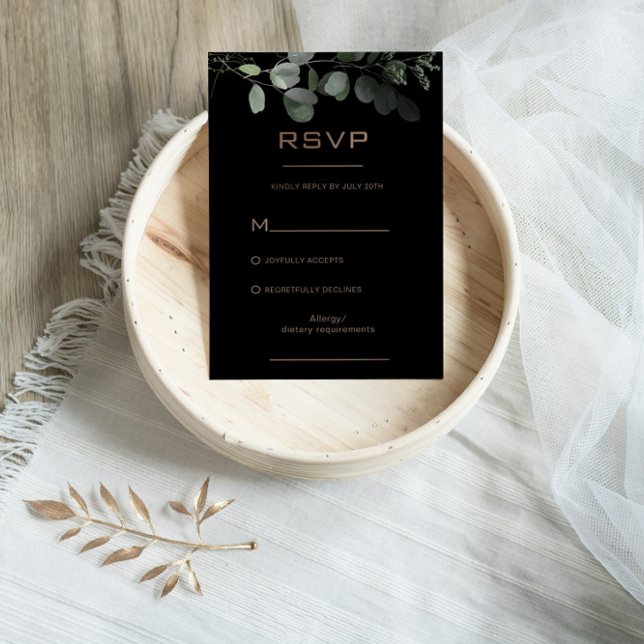 Placa RSVP de Casamento Eucalyptus Mínimo Preto Fo (Criador carregado)