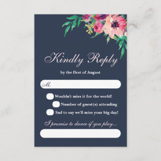 Placa RSVP de Casamento Floral Cor d'Água Rosa e M