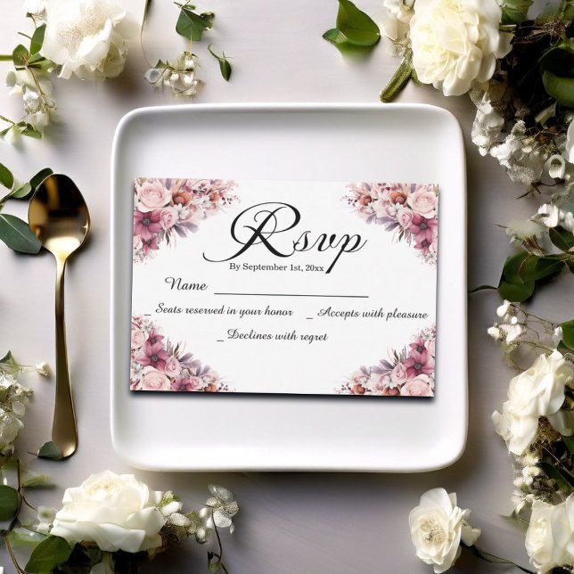 Placa RSVP de Casamento Floral Cor-de-Rosa Dusty c (Criador carregado)