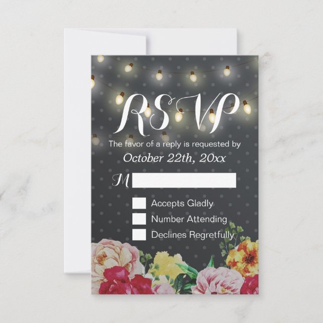 Placa RSVP de Casamento Floral das Luzes Brancas N (Frente)