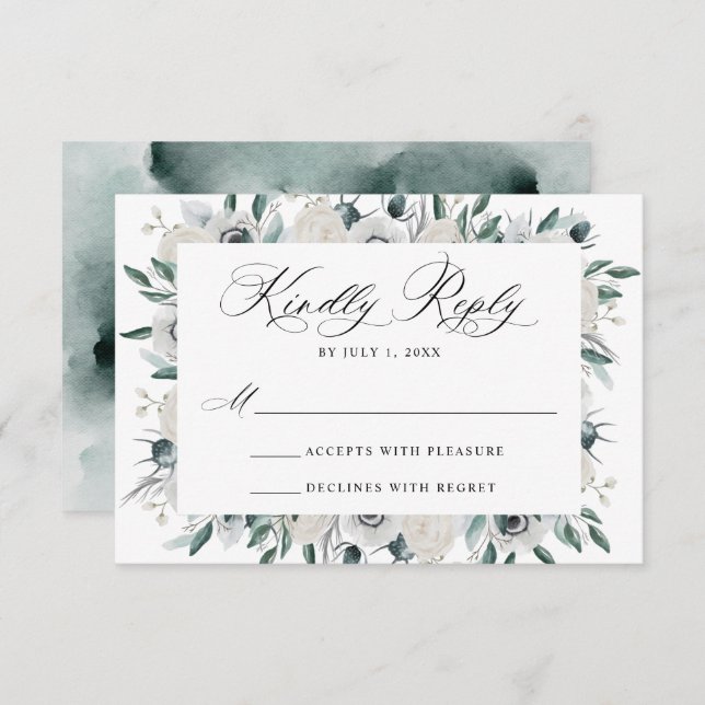 Placa RSVP de Casamento Floral de Anêmonas Brancas (Frente/Verso)
