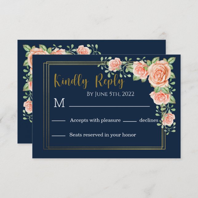 Placa RSVP de Casamento Floral de Blush Dourado Az (Frente/Verso)
