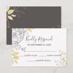 Placa RSVP de Casamento Floral de cinzas e Dourada