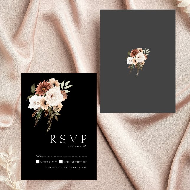 Placa RSVP de Casamento Floral de Pêssego e Preto  (Rustic Black and Peach Floral Wedding RSVP Card)