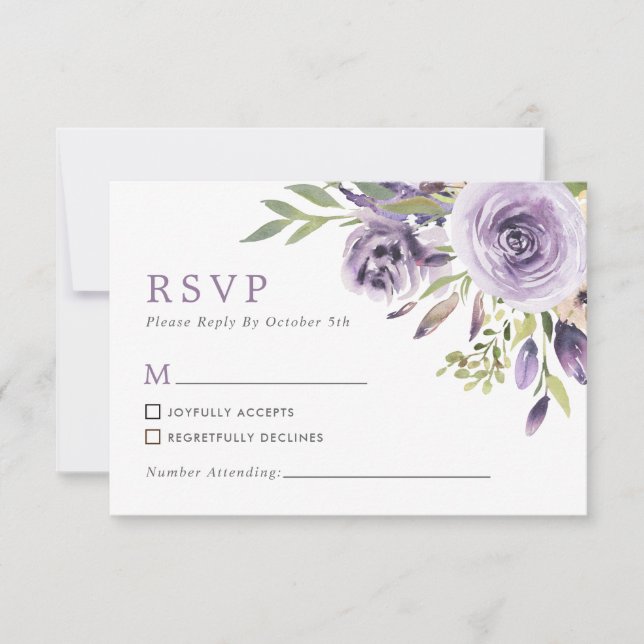 Placa RSVP de Casamento Floral de Rosa púrpura (Frente)