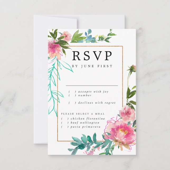 Placa RSVP de Casamento Floral Rosa Dourada Elegan (Frente)