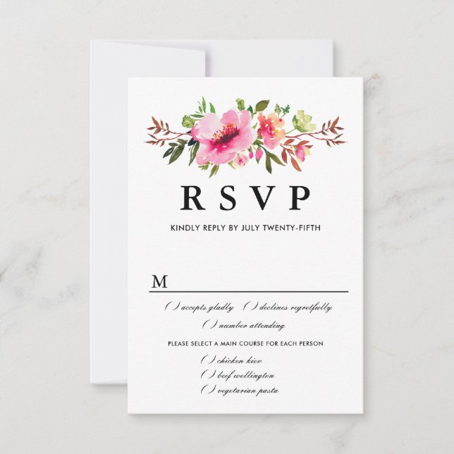 Placa RSVP de Casamento Floral Rosa, Opções de Ref (Frente)