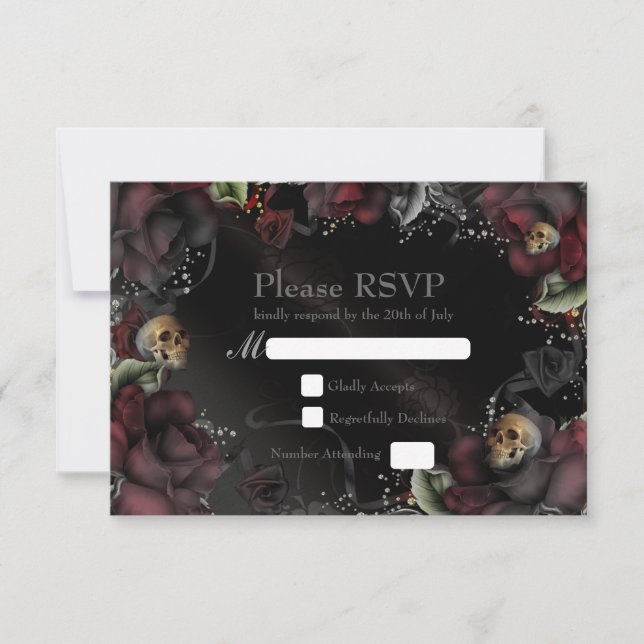 Placa RSVP de Casamento Gótico de Rosas e Skulls P (Frente)