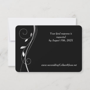 Placa RSVP de Casamento Negra Elegante Silver Leaf