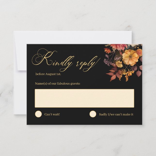 Placa RSVP de Casamento Preto Floral Rustic Autumn (Frente)
