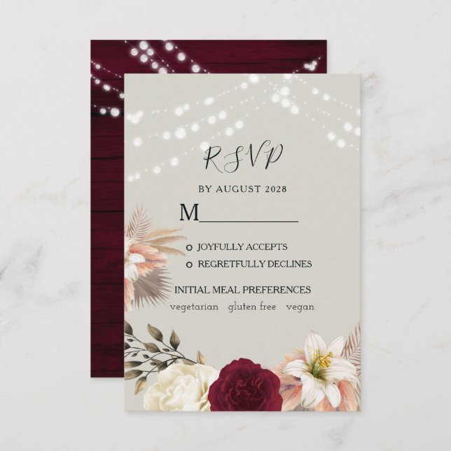 Placa RSVP de Casamento Rustic Floral Burgundy (Frente/Verso)
