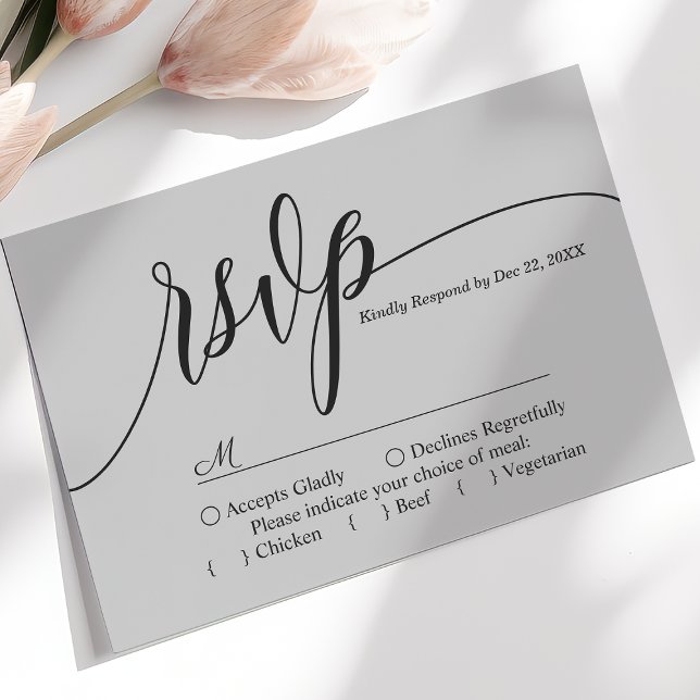 Placa RSVP de Casamento Simples de Script de Cinza (Criador carregado)