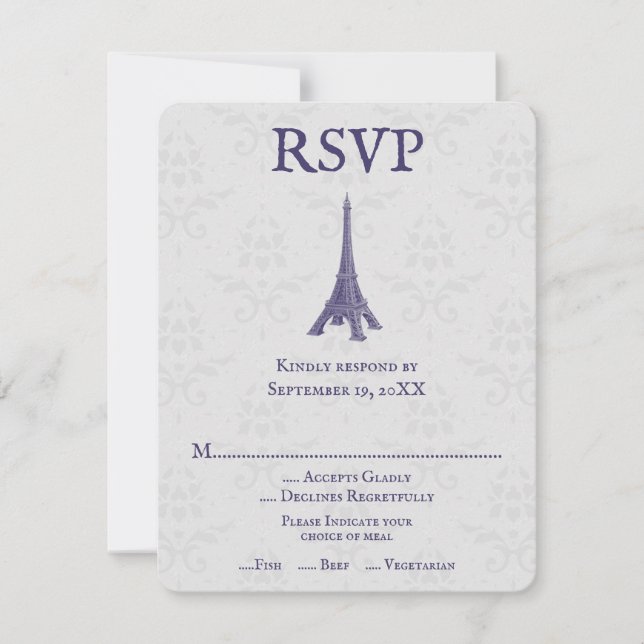 Placa RSVP de Casamento tema damasco de torre Eiff (Frente)