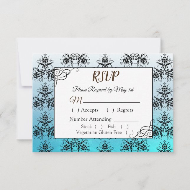 Placa RSVP de Casamento tema damasco Preto e Azul (Frente)