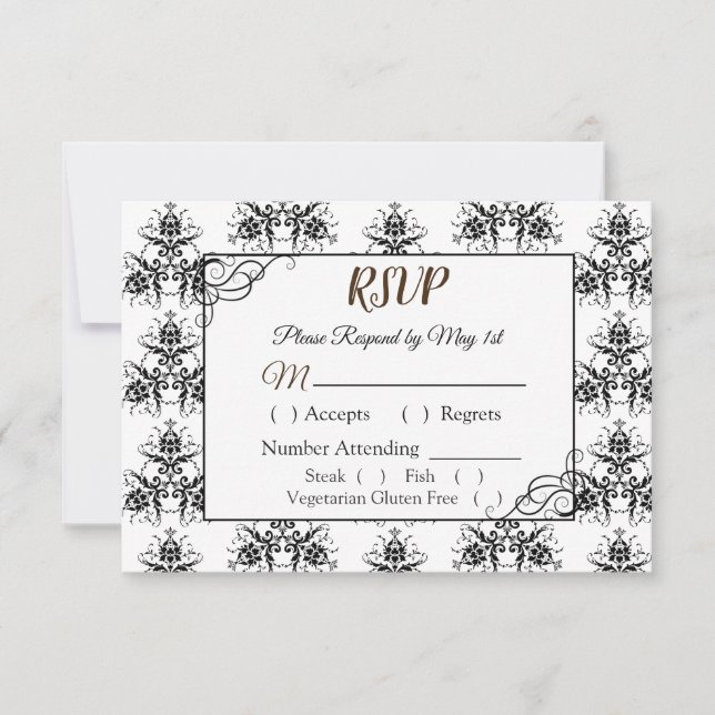 Placa RSVP de Casamento tema damasco Preto e Branc (Frente)