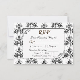 Placa RSVP de Casamento tema damasco Preto e Branc