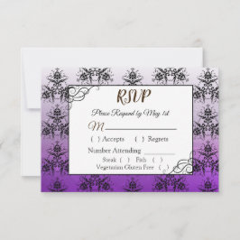 Placa RSVP de Casamento tema damasco preto e roxo