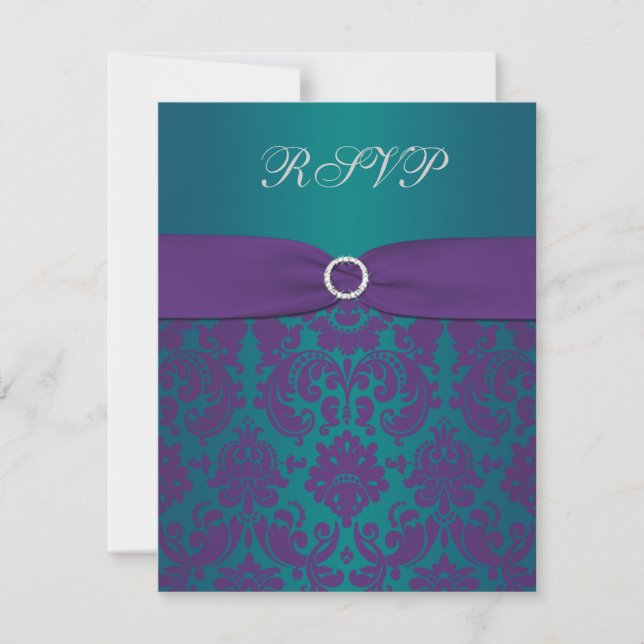 Placa RSVP de Casamento tema damasco Roxo e Teal (Frente)