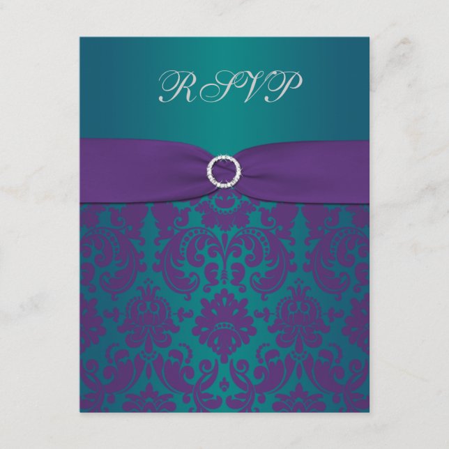 Placa RSVP de Casamento tema damasco Roxo e Teal (Frente)