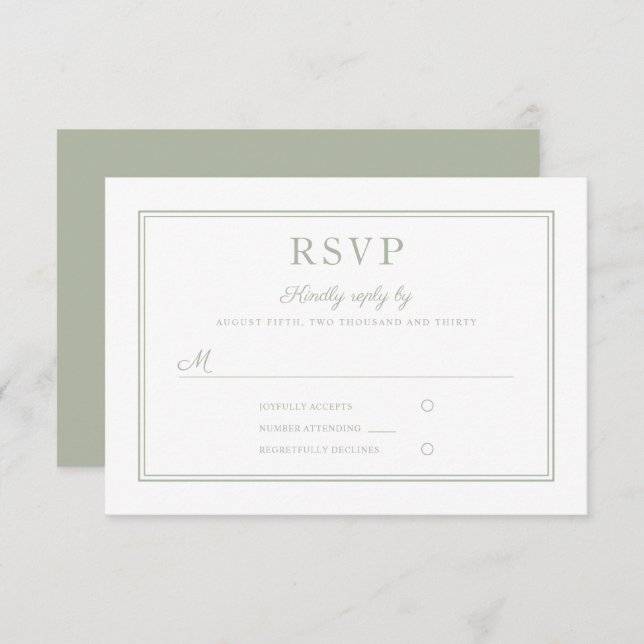 Placa RSVP de Casamento Verde de Sage do Escrito M (Frente/Verso)