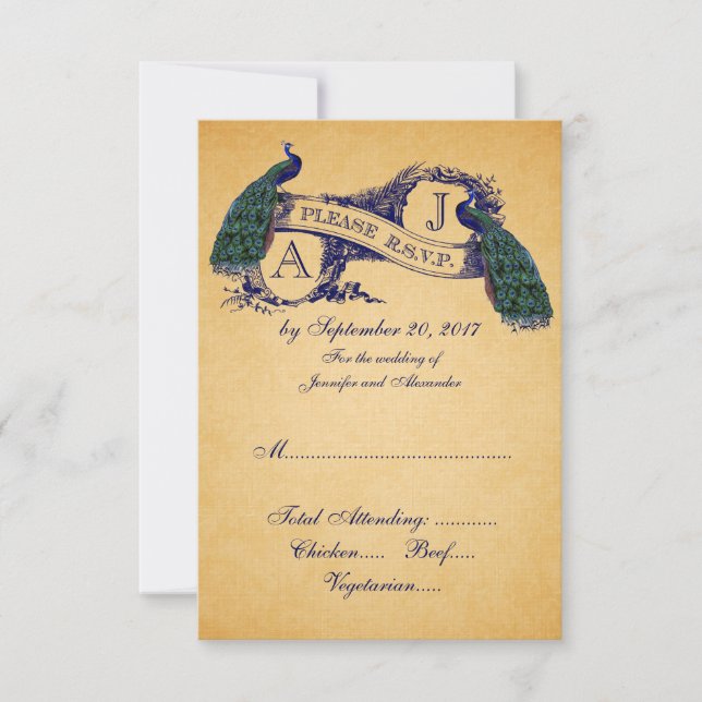 PLACA RSVP DE Casamento vintage Pavock | Azul (Frente)