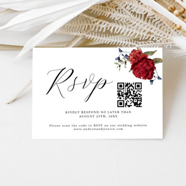 Placa RSVP de Código QR de Casamento Floral Burgun (Criador carregado)